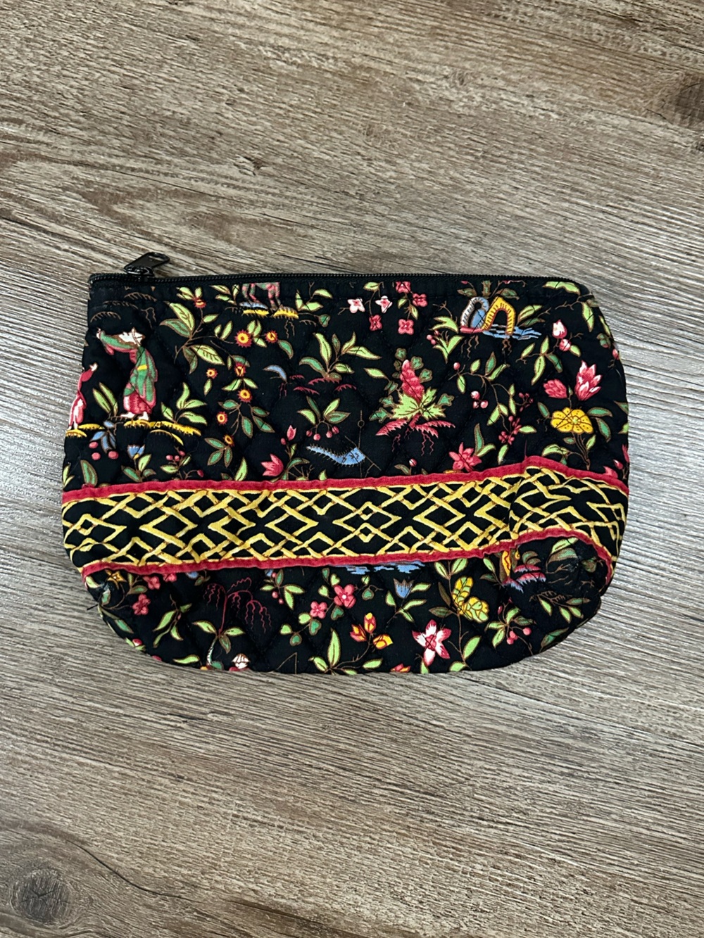 Vera Bradley Black Floral Quilted Zip Pouch with Yellow Trim